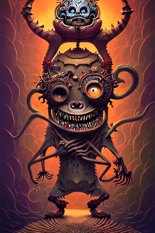 Prompt: A beautiful detailed grotesque monster super cute tarot card, by Gediminas Pranckevicius , symmetrical features, ominous, magical realism, texture, intricate, ornate, royally decorated, skull, skeleton, whirling smoke, embers, red adornements, red torn fabric, radiant colors, fantasy, trending on artstation, volumetric lighting, micro details, 3d sculpture, ray tracing, 8k, anaglyph effect