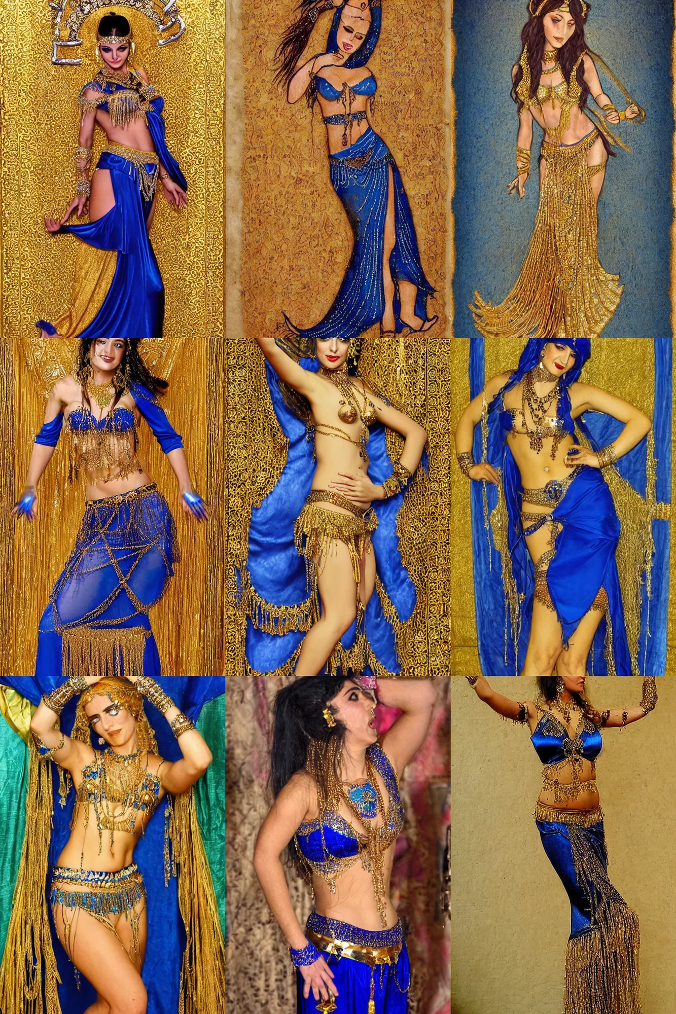 Prompt: mesopotamian belly dancer, beautiful woman. temptress witch, intricate golden jewellery, blue silk dress.