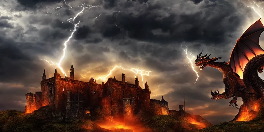Prompt: A huge dragon flying over a medieval castle, fire, dark fantasy, stormy sky, volumetric lightning, digital art