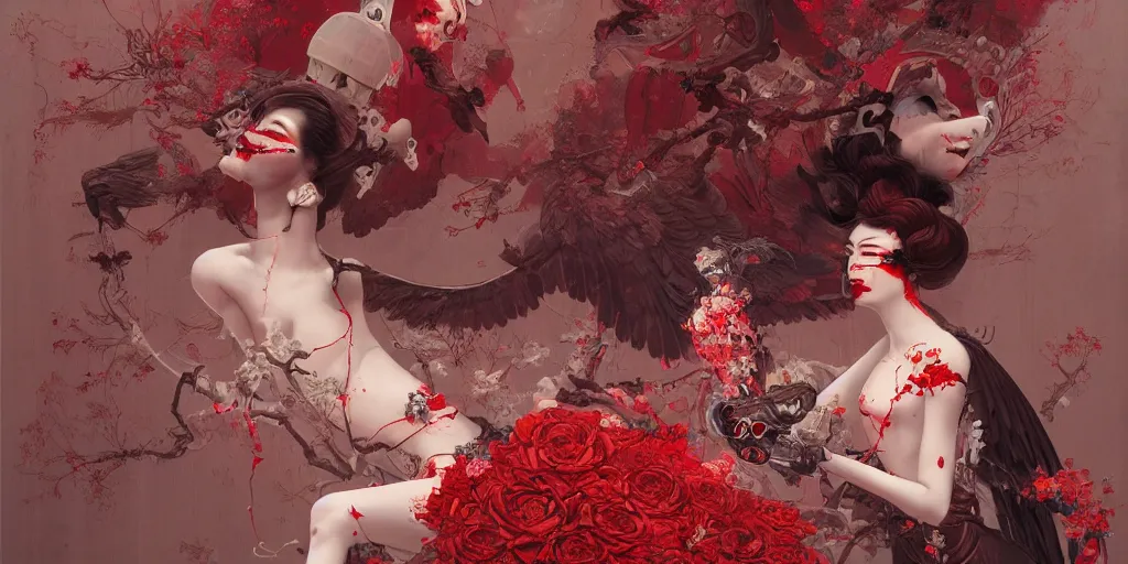 Image similar to breathtaking detailed red gardian mao dictature cyberpunk death heall concept art painting art deco pattern of birds goddesses amalmation flowers, by hsiao ron cheng, tetsuya ichida, bizarre compositions, exquisite detail, extremely moody lighting, 8 k, art nouveau, old chines painting