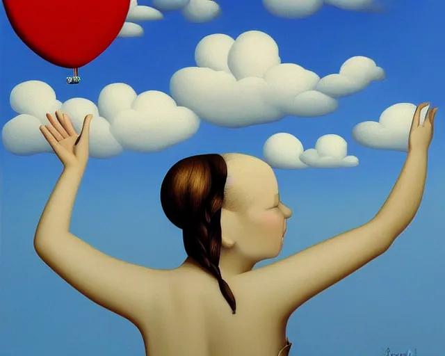 Prompt: a painting of a person waving hello, an ultrafine detailed painting by rafal olbinski, behance contest winner, pop surrealism, detailed painting, very detailed, minimalist, skeuomorphic, airbrush art