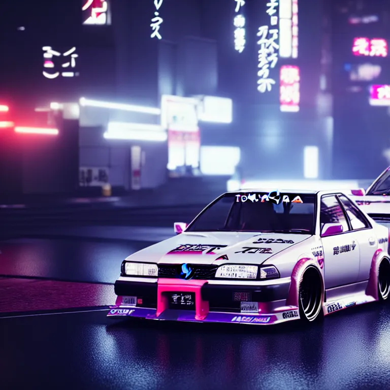 Image similar to toyota jzx 1 0 0 drift, detailed - wheels, shibuya prefecture, cyberpunk female supermodel in front, cinematic lighting, photorealistic, night photography, octane render