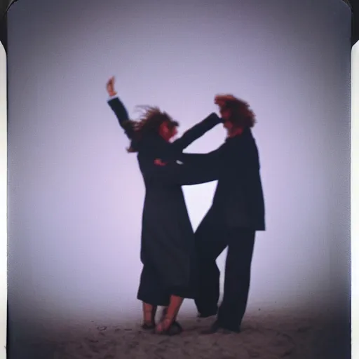 Image similar to 9 0 s polaroid photograph of a man and woman both wearing trenchcoats at night, dancing together on a beach during cloudy weather, vignette