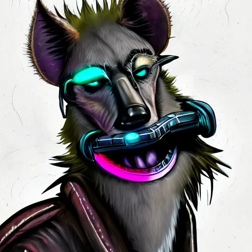 Image similar to digital painting of anthromorphic hyena female smoking cigarrete in cyberpunk style, fursona, furry fandom, neon rainy cyberpunk setting, anthro, wearing cyberpunk leather jacket, detailed face,