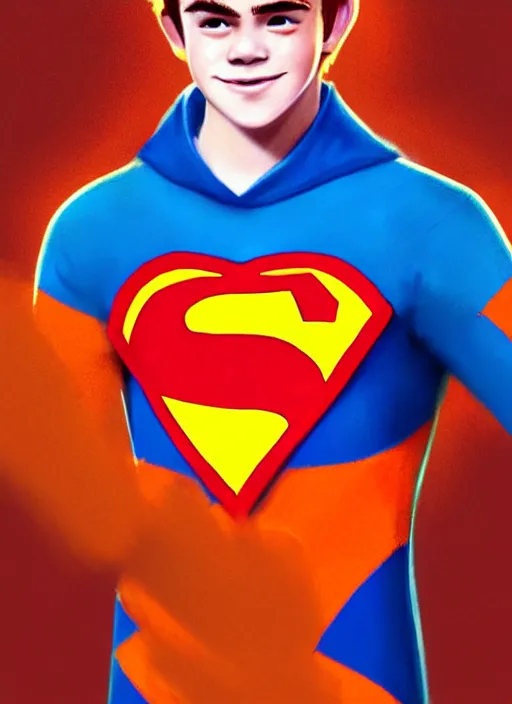 Image similar to friendly teenage archie andrews wearing an orange superhero costume with heart logo, heart, freckles, blue cape, heart emblem on chest, blue cape, intricate, elegant, glowing lights, highly detailed, digital painting, artstation, sharp focus, illustration, art by wlop, mars ravelo and greg rutkowski