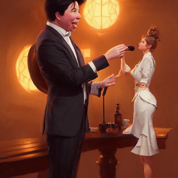 Image similar to michael mcintyre flirting with a singing waitress, elegant, real life skin, intricate artwork, high detailed, artstation, concept art, smooth, sharp focus, art by artgerm and greg rutkowski