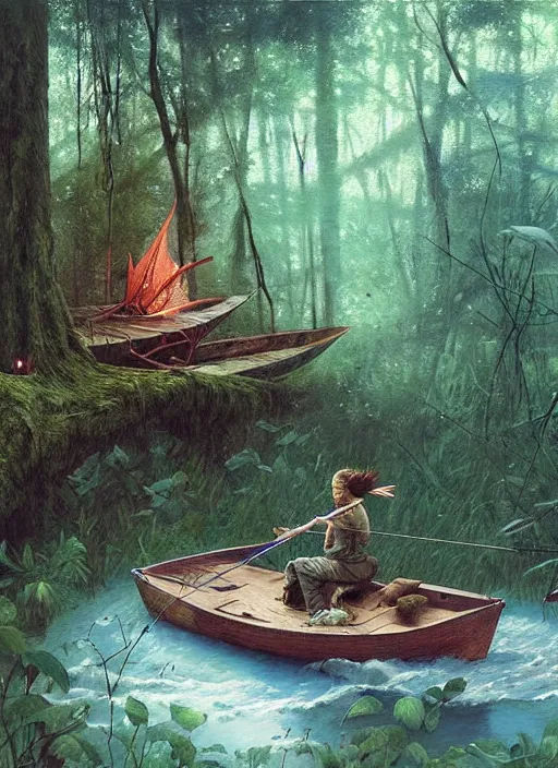 Image similar to boat in the woods by a river gorgeous lighting, lush forest foliage blue sky a hyper realistic painting by chiara bautista and beksinski and norman rockwell and greg rutkowski, tom bagshaw weta studio, and lucasfilm