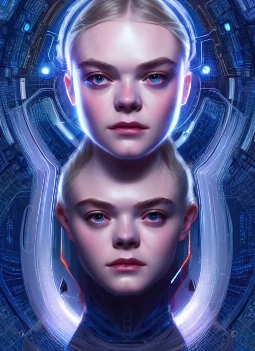 Prompt: asymmetrical!! portrait of elle fanning sci - fi, tech wear, glowing lights!! intricate, elegant, highly detailed, digital painting, artstation, concept art, smooth, sharp focus, illustration, art by artgerm and greg rutkowski and alphonse mucha