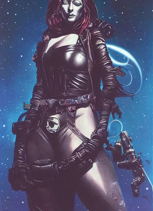 Image similar to portrait of female space pirate, night sky background, beautiful! coherent! by brom, deep color, strong line, high contrast