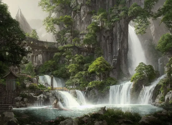 Image similar to A bathhouse with waterfalls in a beautiful elven city made of white marble, anime, lush trees, fountain, a fantasy digital painting by Greg Rutkowski and James Gurney, trending on Artstation, highly detailed