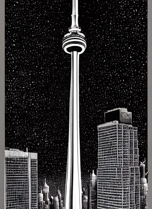 Image similar to cn tower, extremely detailed, bold line art, by vincent di fate and joe fenton and artgerm, toronto, inking, etching, screen print, masterpiece, trending on artstation, sharp, high contrast, hyper realistic, hd, 4 k, 8 k