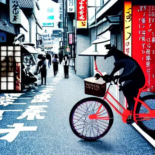 Image similar to a digital painting of a real dragon is riding a bike in the streets of Tokyo