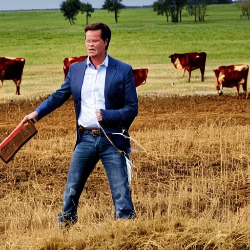 Prompt: mark rutte wielding an axe hitting cows, on farmland