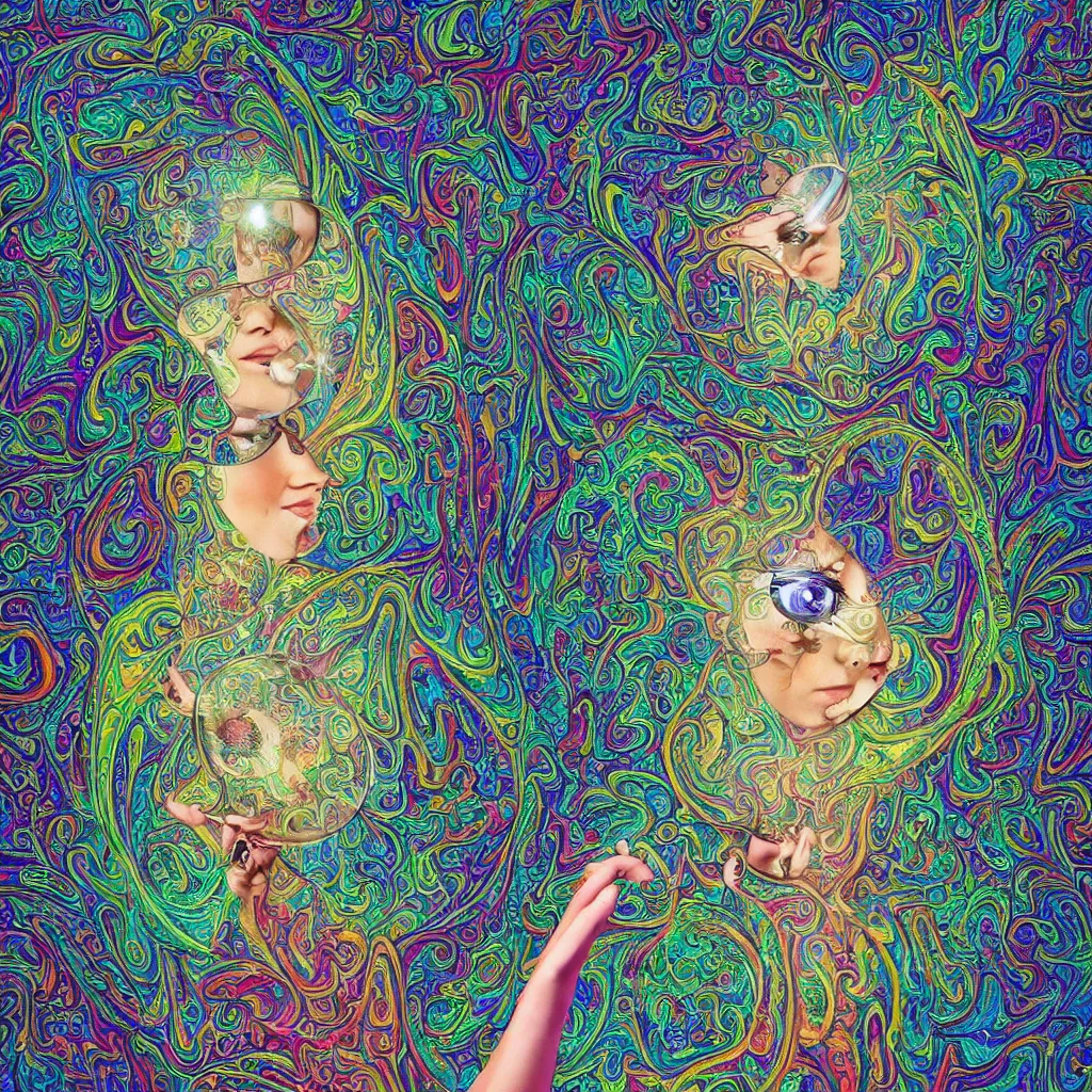 Prompt: an extremely detailed very beautiful painting of a psychedelic machine elf entity looking through a fractal magnifying glass onto a strange insect