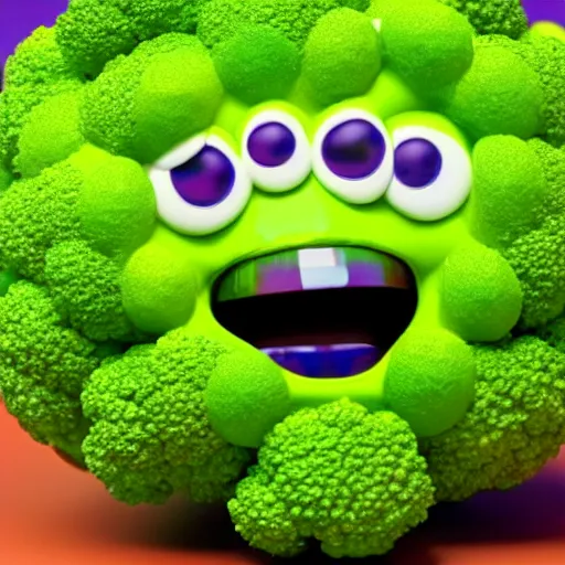 Image similar to a 3d render of a smiling happy broccoli, he is dancing, vivid bright colors