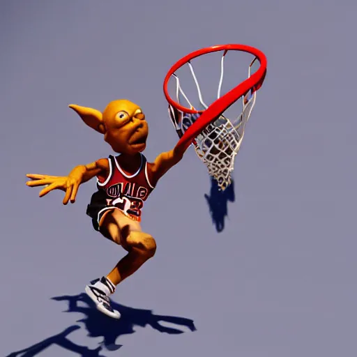 Prompt: small goblin dunking on Michael Jordan in basketball 3d render