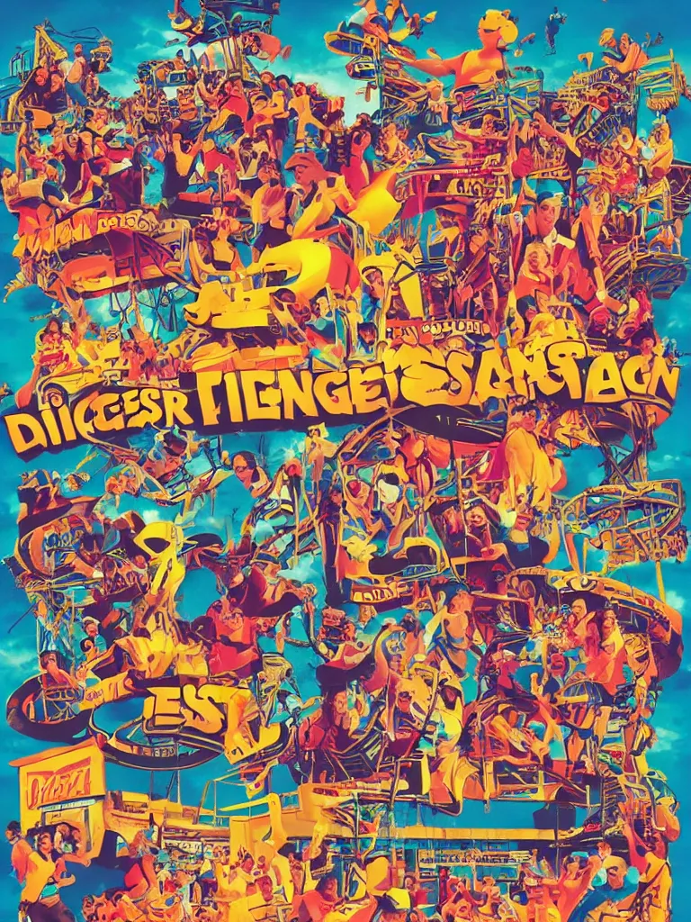 Prompt: poster for the diggerfest festival, digger land amusement park, concert, couple dancing, really good vibes, creative, 1 9 9 0 s, aesthetic