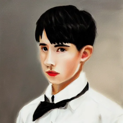 Image similar to 1 6 year old black suit white shirt, black bowtie, black haired royal garment man, determined, fearless, sharp looking portrait, oil painting