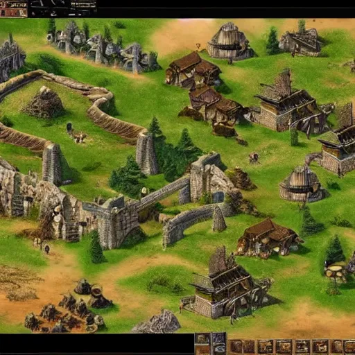 Image similar to map of age of empires video game, procedural, AOE2 , civilization, river, forest, cave, mountain, woods, hills, buildings, Insane Details, Digital Art, Epic Atmosphere, Extremely Detailed