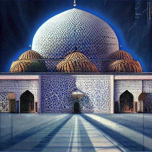 Prompt: “Stunning painting of Futuristic Mosque, concept art, architecture, wisdom, sufism, digital art, ultra detailed, focus shot, 8K HD Resolution”