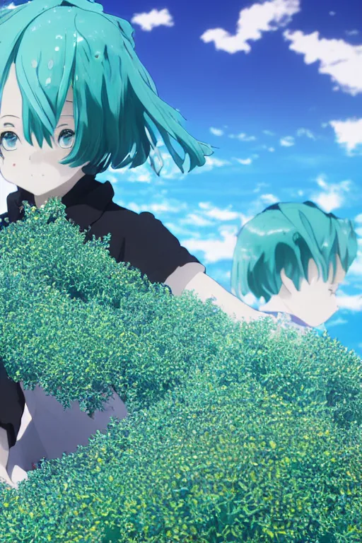 Prompt: 3D CG anime Land of the Lustrous Houseki no Kuni character Phosphophyllite person made of bluegreen gem rock standing in a grassy field on a sunny day wearing a white shirt with black tie and black shorts, ocean shoreline can be seen on the horizon, beautiful composition, 3D render, 8k, key visual, made by Haruko Ichikawa, Makoto Shinkai, studio Ghibli