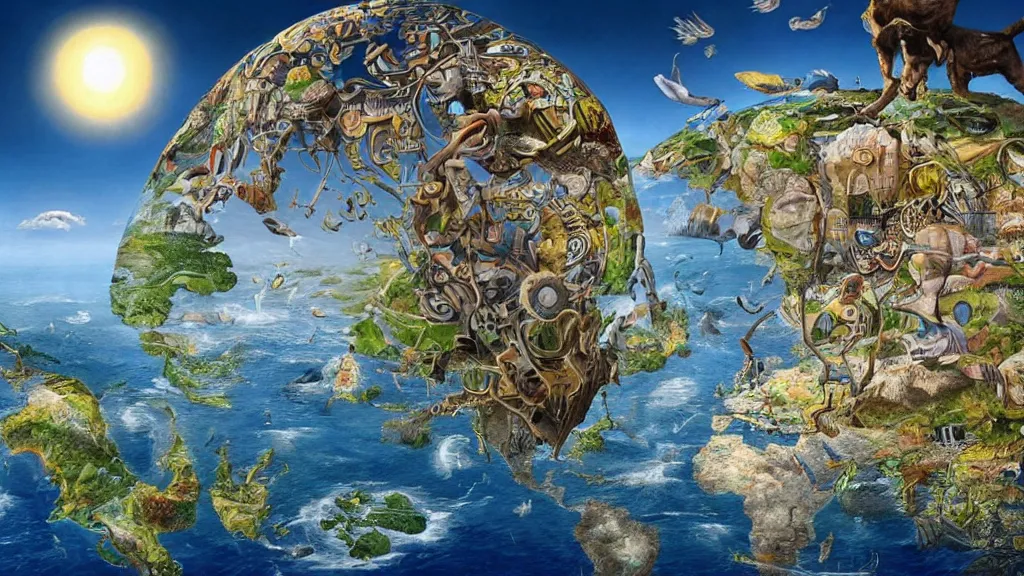 Prompt: surreal world map in the styles of igor morski, jim warren, and rob gonsalves, intricate, hyperrealistic, volumetric lighting, serene, imaginative