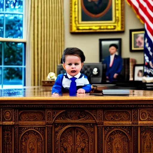 Prompt: professional photograph of a cute toddler wearing a suit and sitting in the oval office desk, very detailed, very intricate, 8 k,