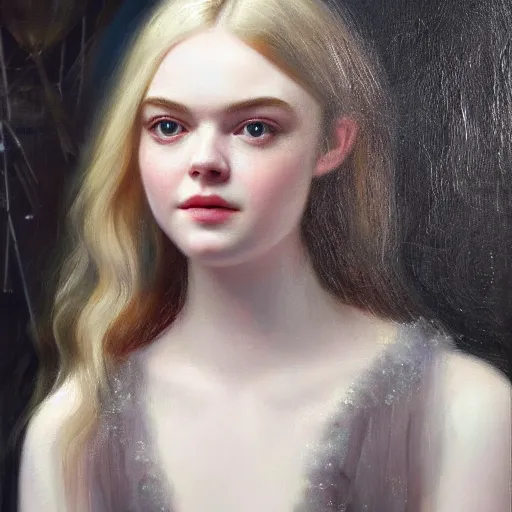 Prompt: portrait of a elle fanning in a hall of mirrors, detailed realism face in painting, detailed beautiful portrait, oil painting masterpiece, 8 k resolution, smooth, sharp focus, trending on artstation, by rembrandt