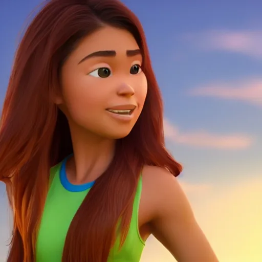 Image similar to young beautiful athletic Filipino woman with long hair posing, depicted as a Pixar character, high quality cg render, 4k