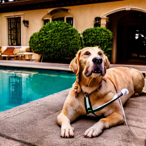 Prompt: a very detailed photo of a dog ( smoking a cigar ) outside the mansion by the pool