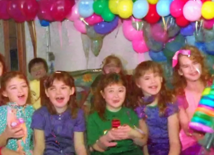 Prompt: Home video footage, VHS image quality, Filmed by dad. Daughter's birthday party.