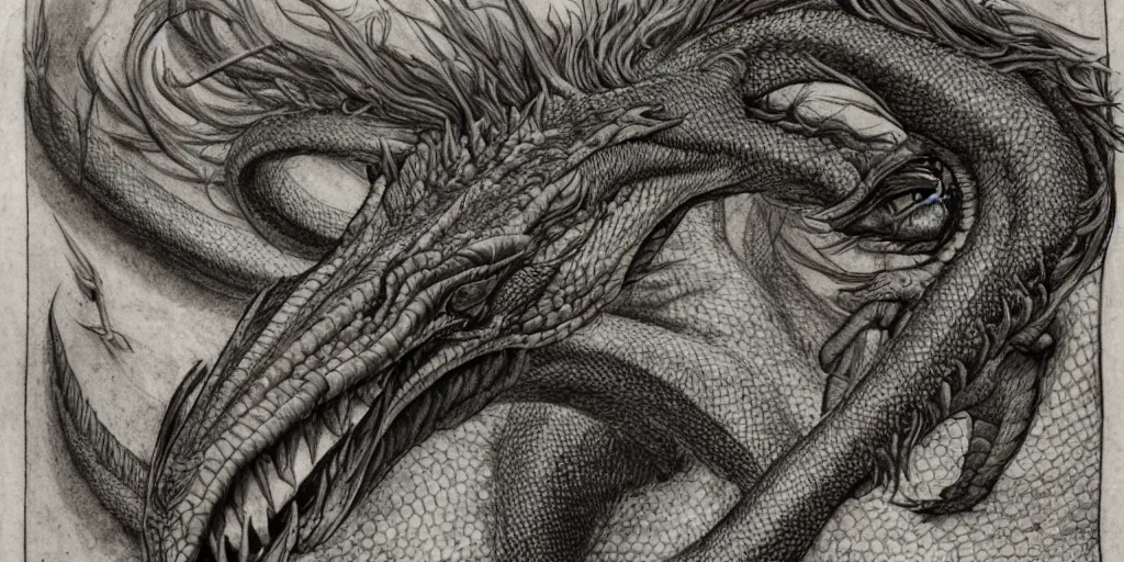Prompt: realistic portrait of a beautiful dragon, 1450, ink, ultra realistic, 8k