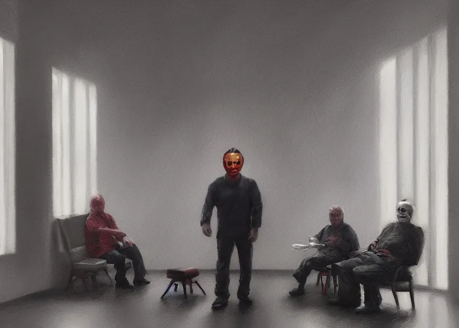 Prompt: dynamic portrait painting of Michael Myers sitting in the waiting room of an optometrist amongst other normal patients, sharp focus, face focused, trending on ArtStation, masterpiece, by Greg Rutkowski, by Ross Tran, by Fenghua Zhong, octane, soft render, oil on canvas, moody lighting, high contrast, cinematic, professional environmental concept art