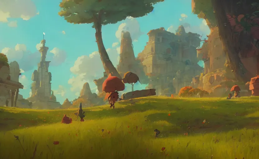 Image similar to fantasy field with the remains of ancient temples, cory loftis, james gilleard, atey ghailan, makoto shinkai, goro fujita, studio ghibli, rim light, exquisite lighting, clear focus, very coherent, plain background, soft painting