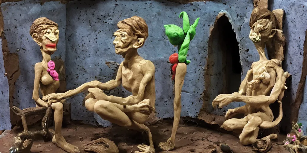 Image similar to plasticine sculpture stop motion. salvador dali clay models. gallery paintings of flowers. visitors. room with a small hole in wall. john craxton. high detail. photorealistic