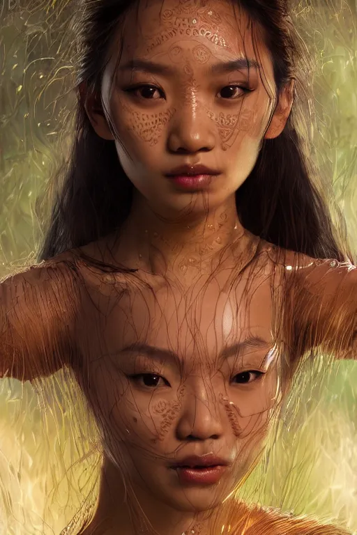 Image similar to stunningly beautiful, filipina dancer in jungle, symmetrical face, golden hour, smooth, focus, highly detailed, hyper realistic, dramatic lighting, elegant, intricate, concept art, art by wlop, mars ravelo, greg rutowski, artstation