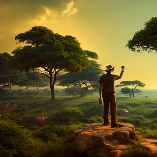 Image similar to old man standing on a rock overlooking the savanna, high detailed, super high resolution, realistic, concept art, artistic, octane render, masterpiece fine details