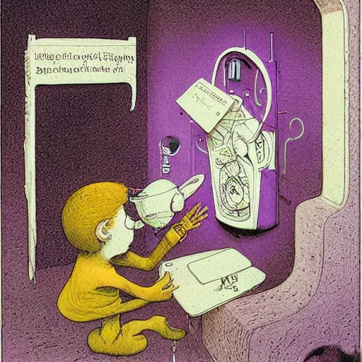 Prompt: A installation art. A rip in spacetime. Did this device in his hand open a portal to another dimension or reality?! warm violet by Chris Ware, by Brian Froud defined, realist