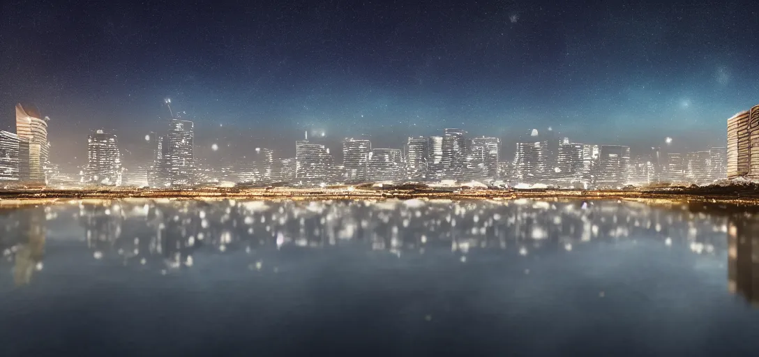 Image similar to very beautiful view of a modern japanese city at night, watery lake with accurate reflections, icy mountains in the background, calm clouds, starry sky with nebula, cinematic lighting, ultra detailed, sharp, ambient occlusion, raytracing, by dylan cole, sebastian meyer and jordan grimmer