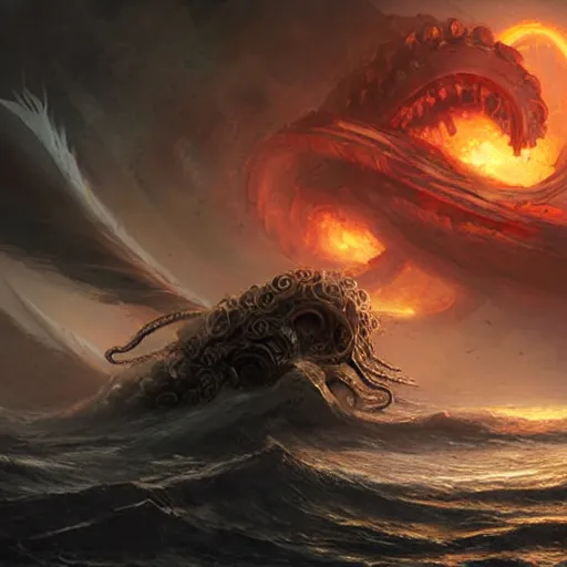 Image similar to a kraken with multiple eyes, tentacles rising from the sea, exploded ship, magic the gathering art, art by greg rutkowski, fantasy rpg, league of legends