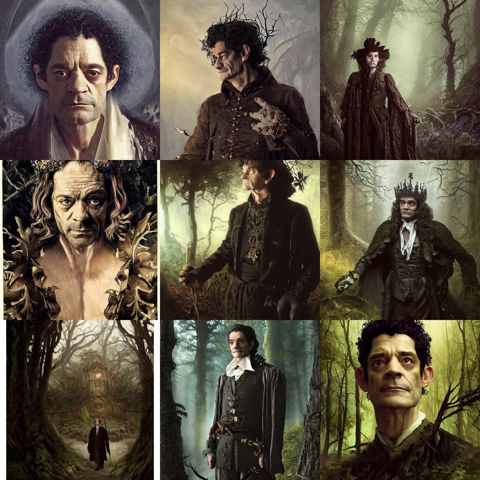 Prompt: portrait of mournful, dangerous, mysterious James Frain's Cromwell as a king of the fairy forrest. The background is a dark, creepy eastern europen forrest. night, horroristic shadows, high contrasts, photorealistic, detailed, lumnious, theatrical, character concept art by ruan jia, thomas kinkade, and J.Dickenson, trending on Artstation