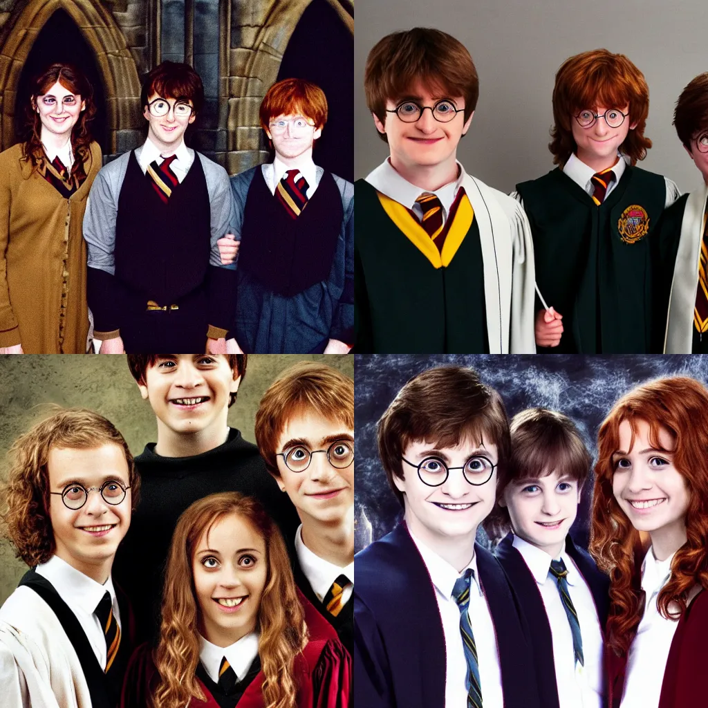 Prompt: Graduation class photo of the Harry Potter trio (Harry, Ron, Hermione)