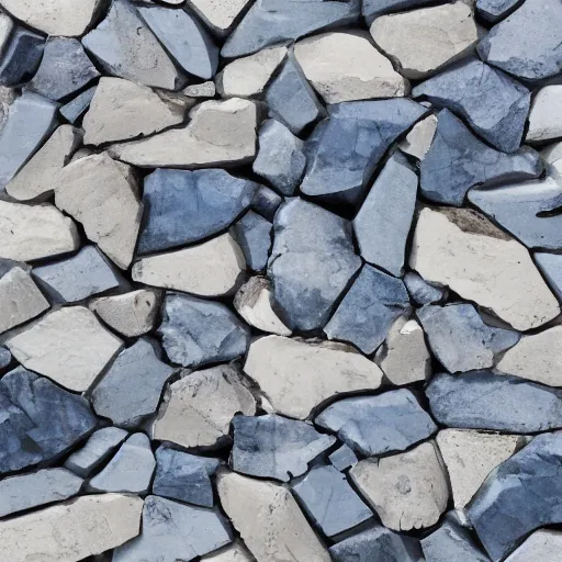 Prompt: mix of cool blue slate angular rubble and pale white sand with etchings of