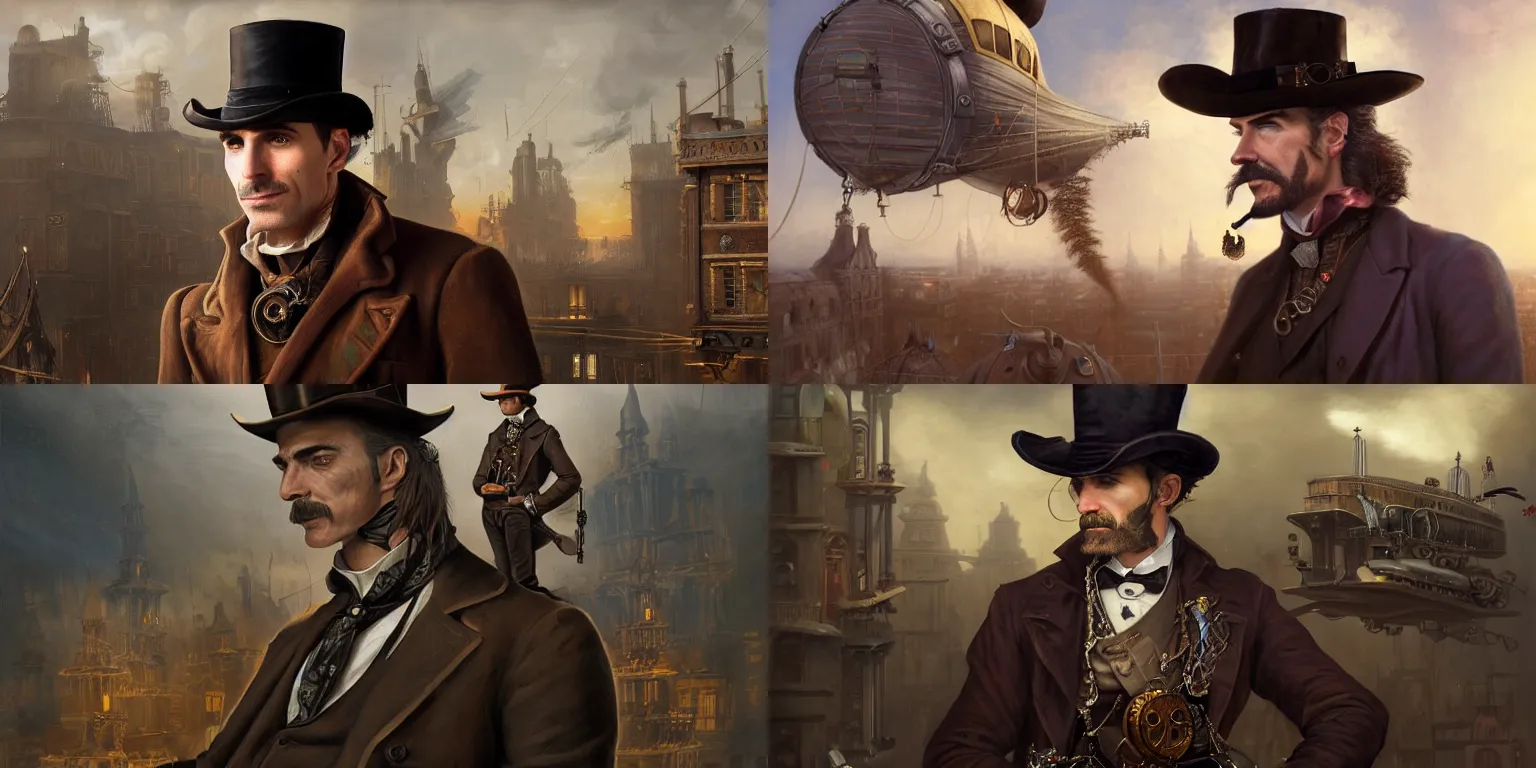 Prompt: portrait of a steampunk gentleman gunslinger in hat posing on roof, Daniel Day-Lewis, matte painting of steam machines airships on background, by Antonio Caparo and tyler edlin and lindsey look, victorian, concept art, steam romance, steam-punk illustration, detailed, 4k resolution, trending on artstation