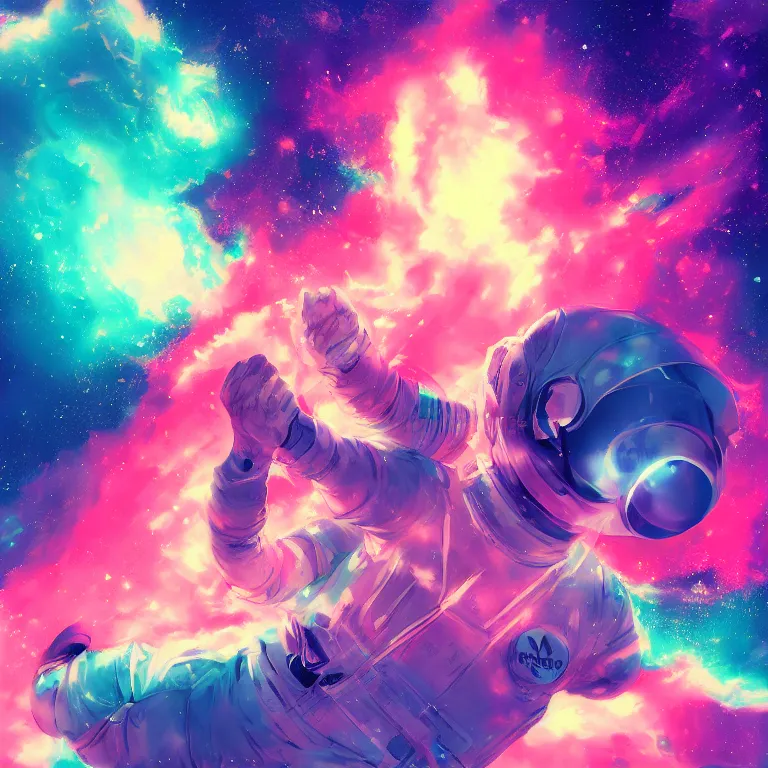 Prompt: anime astronaut in a nebula explosion, pastel, colorful, crowded, horror, artstation, digital art.