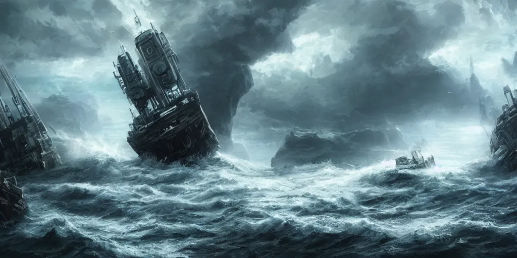 Image similar to scifi barge in turbulent waters in rocky coast, hyper realistic, highly detailed, digital art, apocalyptic, intimidating lighting, raytracing, sharp focus, smooth, romanticism