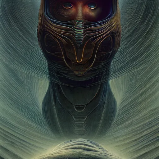 Image similar to sci - fi portrait of guild navigator of dune by jean delville and beksinski, intricate, hyperealistic, photoreal, 8 k resolution, highly detailed, proffesional illustration, high contrast, raytracing, subsurface scattering, ambient occlusion, v - ray, zbrush, unreal engine 5