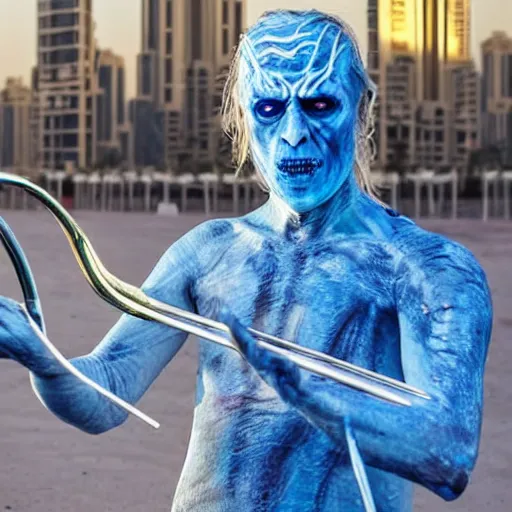 Prompt: a white walker llaying trombone in dubai