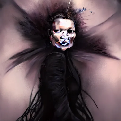 Image similar to hyperrealistic portrait of a woman as kate moss as a vampire witch tears makeup in a black flower coat turned back while closing a window over the shoulder shot portrait torn apart with falling petals in wind. by jeremy mann and alphonse mucha, fantasy art, photo realistic, dynamic lighting, artstation, poster, volumetric lighting, very detailed faces, 4 k, award winning