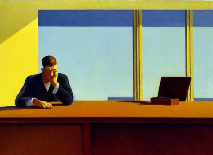 Prompt: painting of a lonely man sitting at his desk in an empty, huge office, in the style of edward hopper